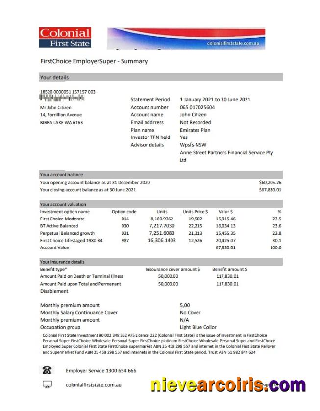 Australia Colonial First State Bank statement in Excel and PDF format, fully editable